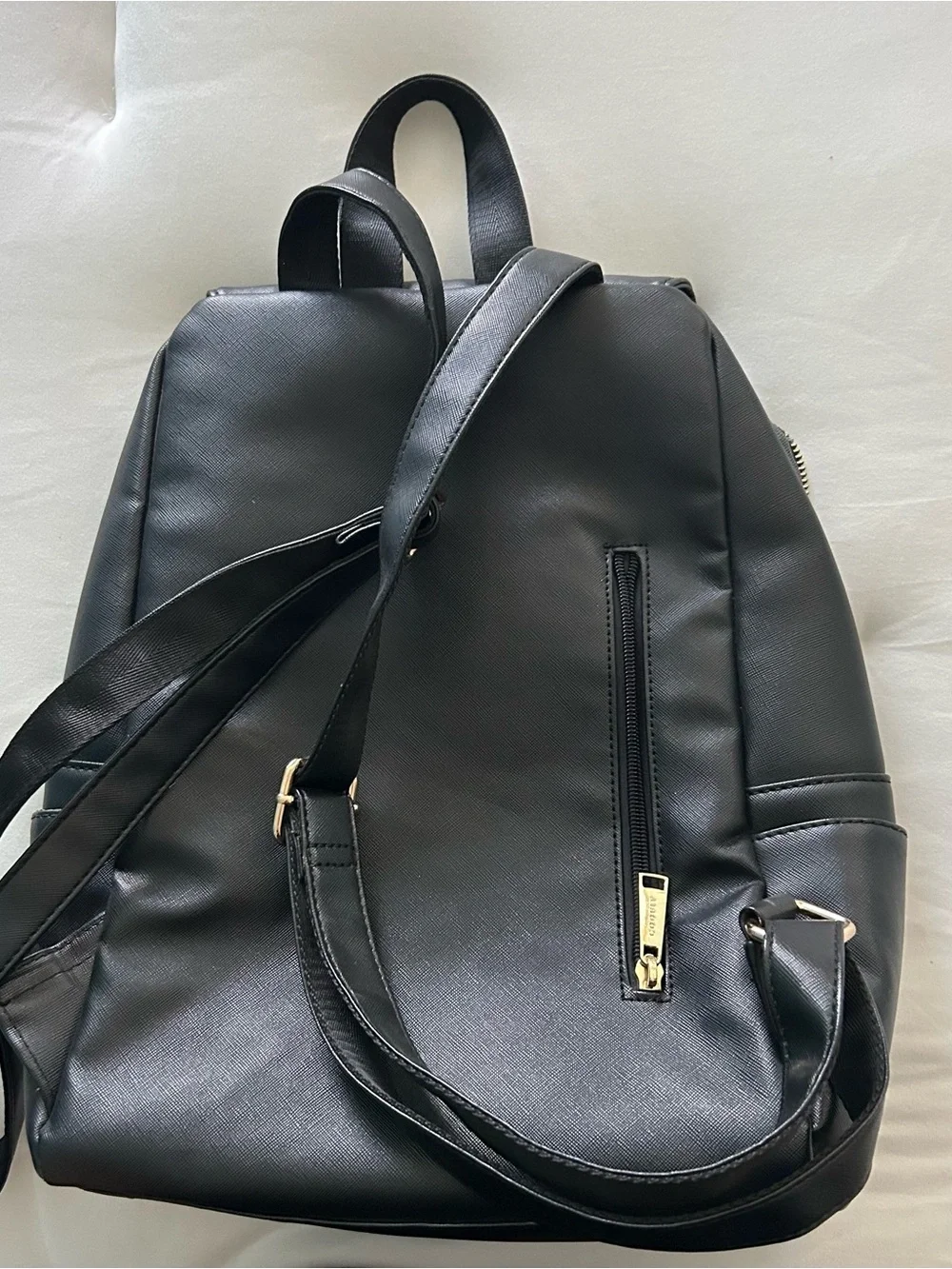 Black Leather-Look Backpack with Gold Accent